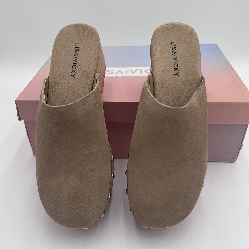 Lisa Vicky VIM-V Women's Tan Camel Suede Clog Mules Shoes Metal Studs Size 7M - Picture 5 of 11